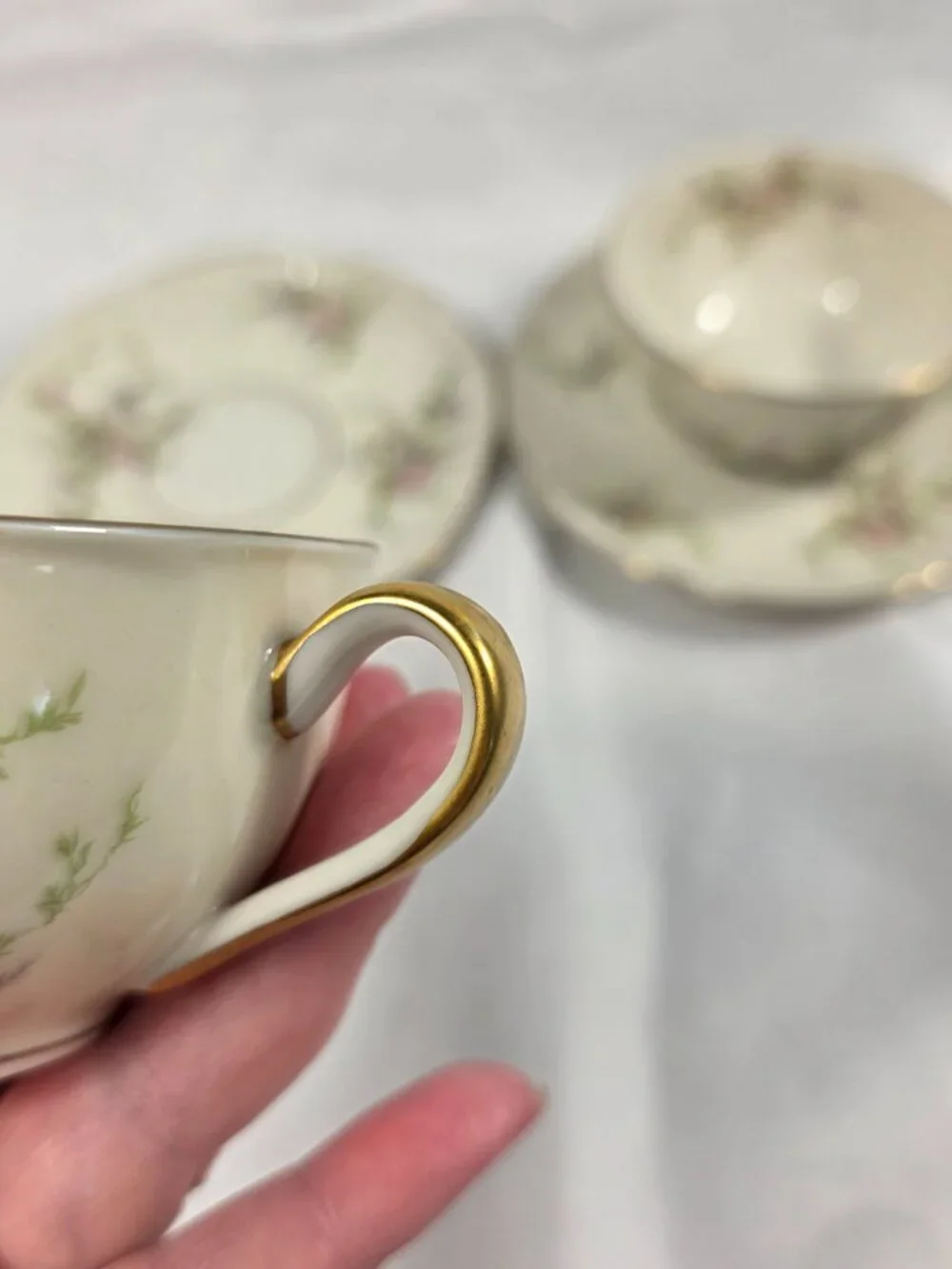 TWO Haviland Rosalinde (New York) Cup & Saucer Sets Pink & Lavendar Flowers